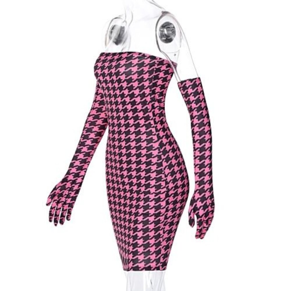 Long Sleeve Plaid Print with Gloves Women's Mini Tube Dress